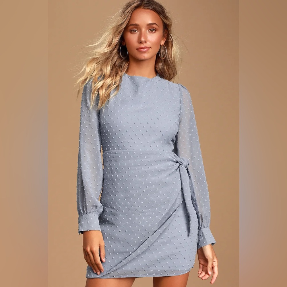 Brand new with tags! Lulus Much Love Light Blue Swiss Dot Long Sleeve Mini Dress